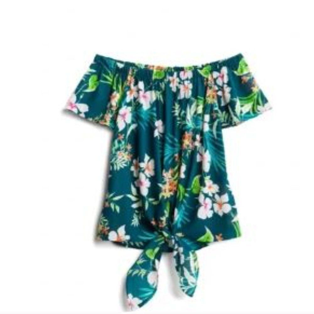 Verse Top Blue M Women Off‎ Shoulder Floral Tie Front Tropical Short Sleeve